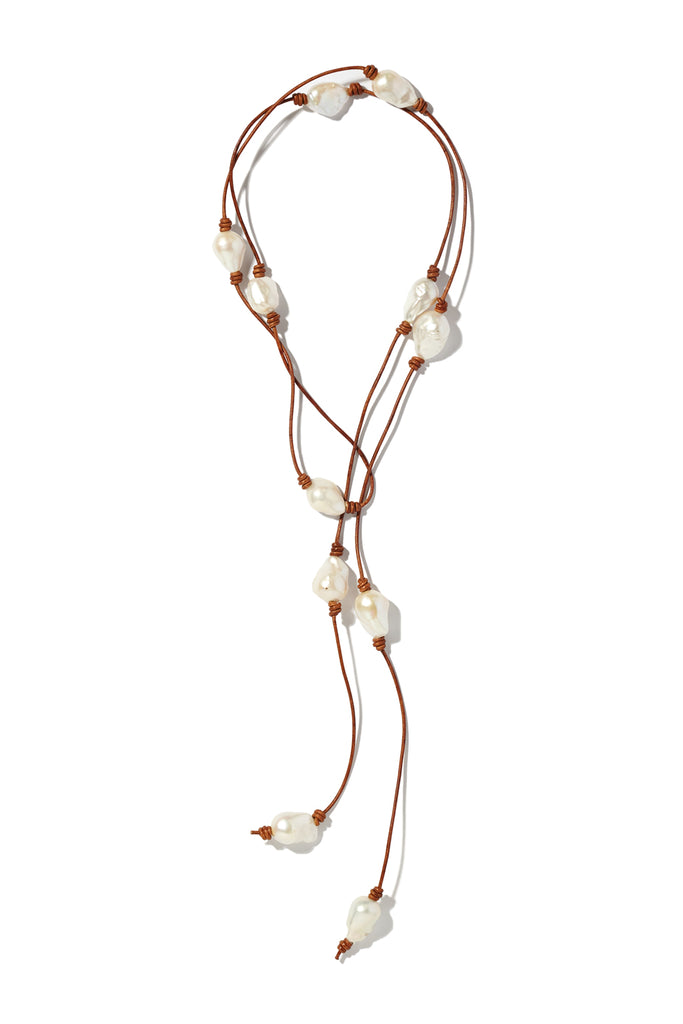Knotted baroque pearl leather lariat